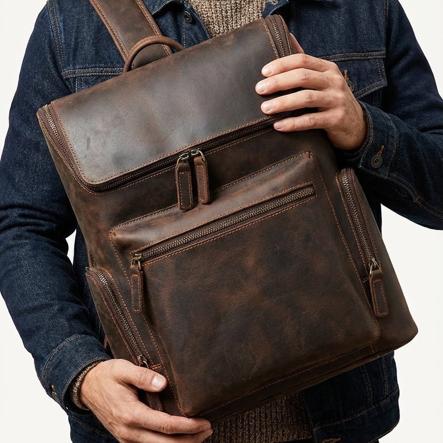 Brown leather backpack styled with casual outfit — Velavio Atlas Crazy Horse leather