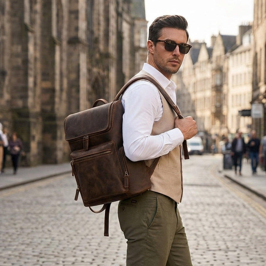 Man wearing brown Crazy Horse leather laptop backpack with white shirt, beige vest and green trousers — Velavio Atlas