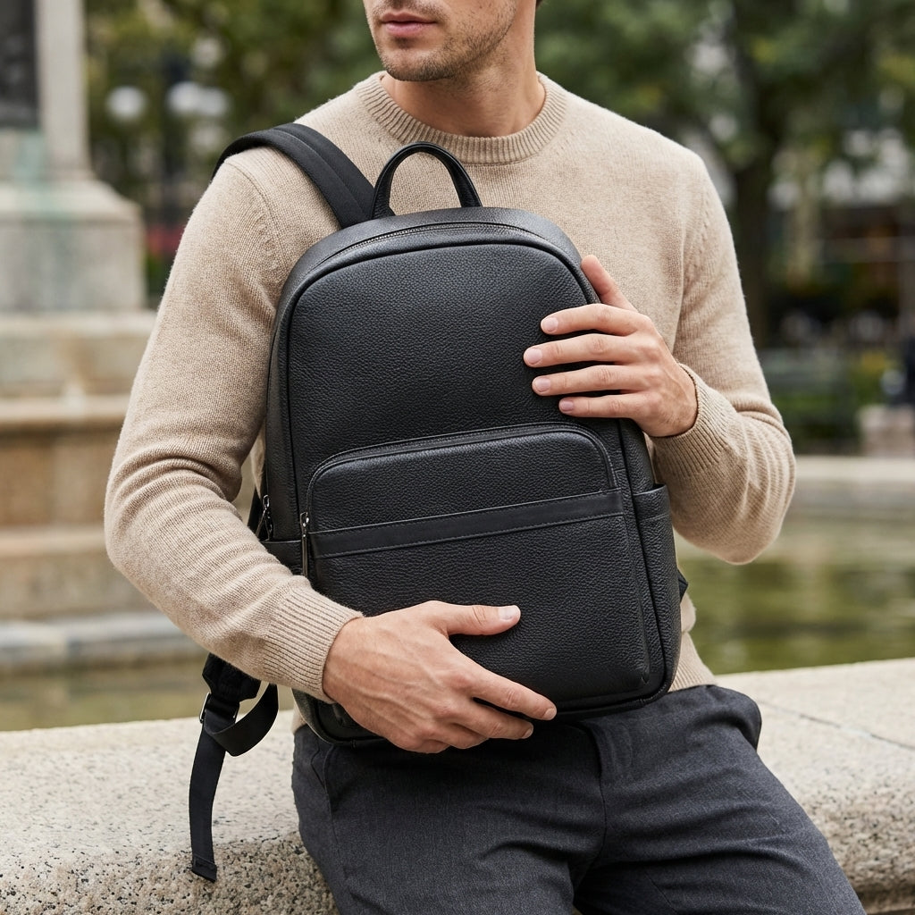 Man holding a black backpack outdoors