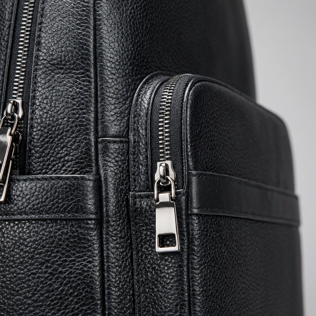 Close-up of a black leather backpack with zippers on a gray background