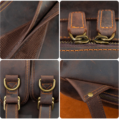 Premium Crazy Horse full-grain leather backpack with vintage-inspired brass hardware detail