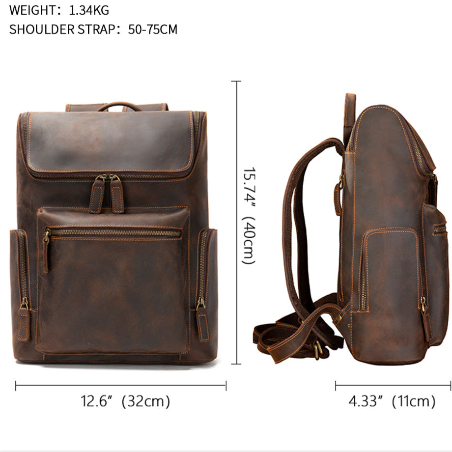 Vintage 15 Inch Laptop Bag Large Capacity Crazy Horse Leather Backpack Business Travel Hiking Daypacks