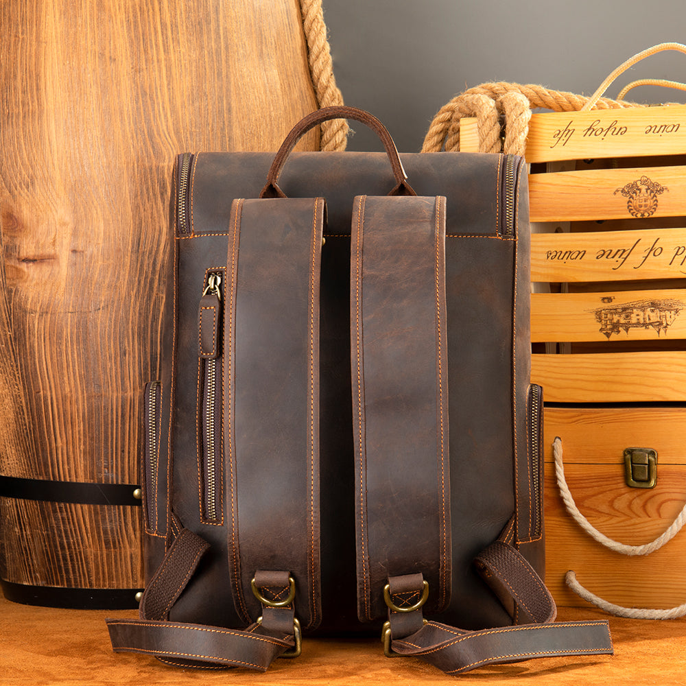 Vintage 15 Inch Laptop Bag Large Capacity Crazy Horse Leather Backpack Business Travel Hiking Daypacks