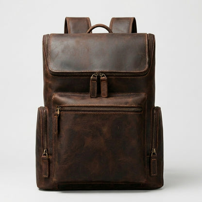 Velavio Atlas large brown Crazy Horse full-grain leather backpack for men, front view